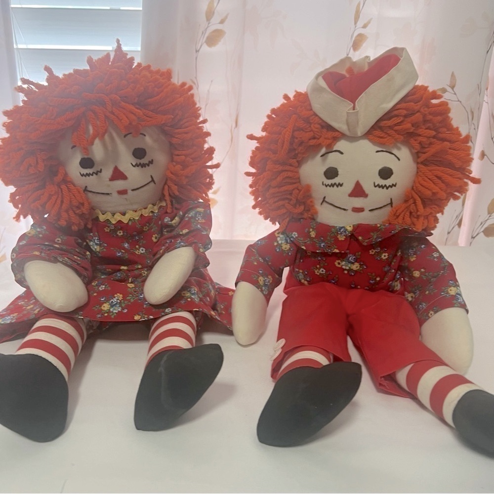Raggedy Ann and Andy 19” Handcrafted Dolls with Orange Yarn Hair Vintage